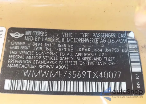 2009 Mini Cooper S z USA, uszkodzony, nr VIN WMWMF73569TX40077